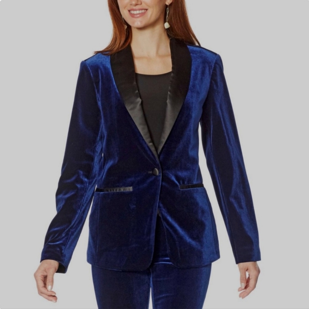 Skinnygirl Marlowe blazer deep blue velvet satin trim 3x